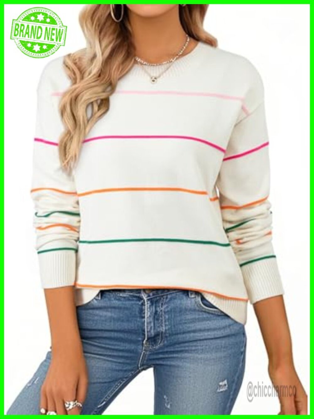 Womens Crew Neck Striped Knit Long Sleeve Pullover Sweater Loose Fit